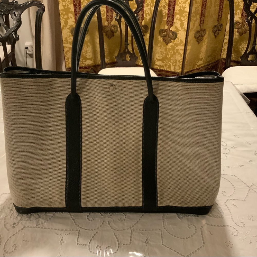Hermes Beige Canvas Tote with Black Leather Trim and Handles